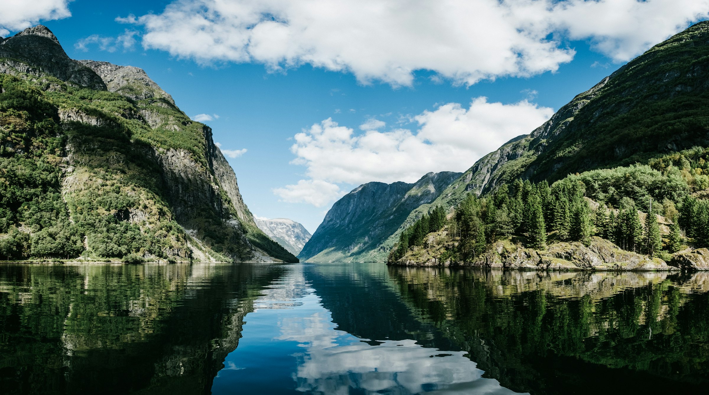 A calm fjord reflecting green mountains under a summer sky